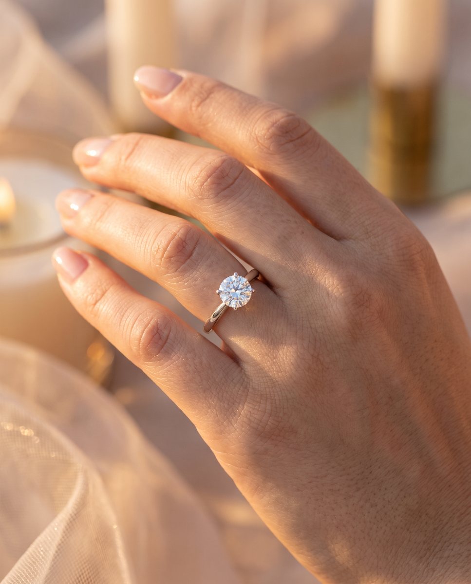 Verlobungsring Solitär in Weißgold an der Hand – Juwelier Schröder Fulda