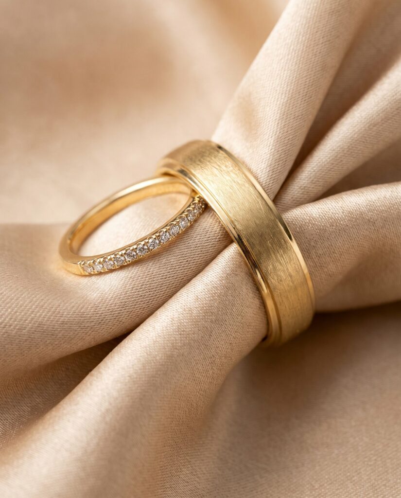 Trauringe-Paar in Gelbgold mit Pavé-Diamanten – Juwelier Schröder Fulda