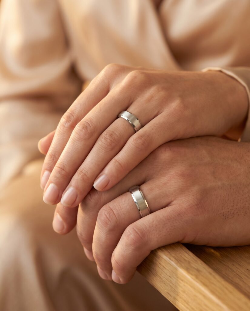 Matte Trauringe in Platin an den Händen – Juwelier Schröder Fulda
